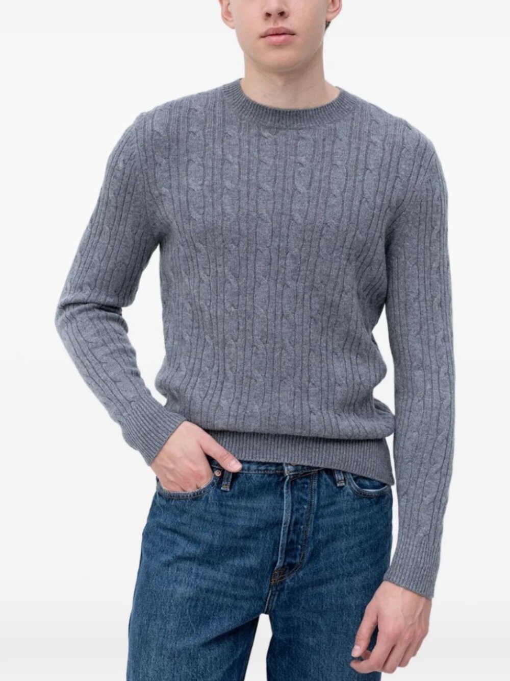 BOSS Wool Cashmere Cable Knit Crew Neck Sweater Gray Chunky Pullover Size S NWT